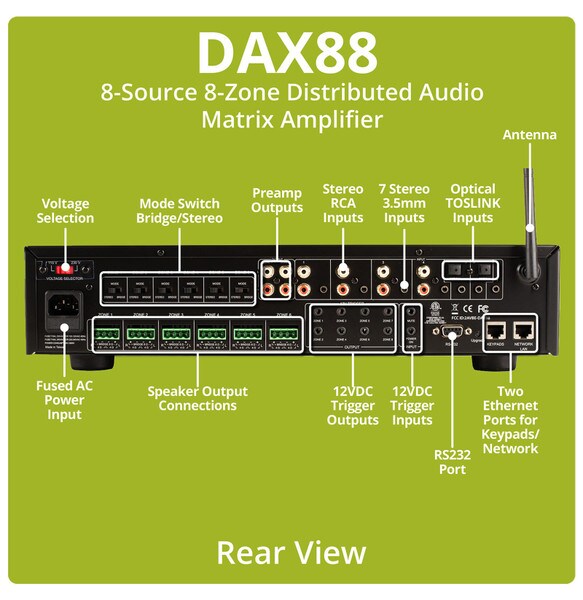 Main product image for Dayton Audio DAX88 8-Source 8-Zone Distributed Audio Matrix Amplifier300-985